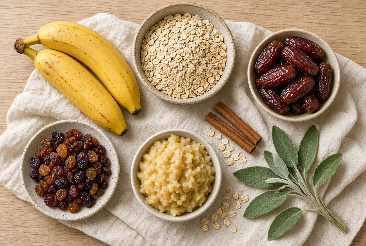 Bananas, oats, dates, raisins and cinnamon laid out on linen