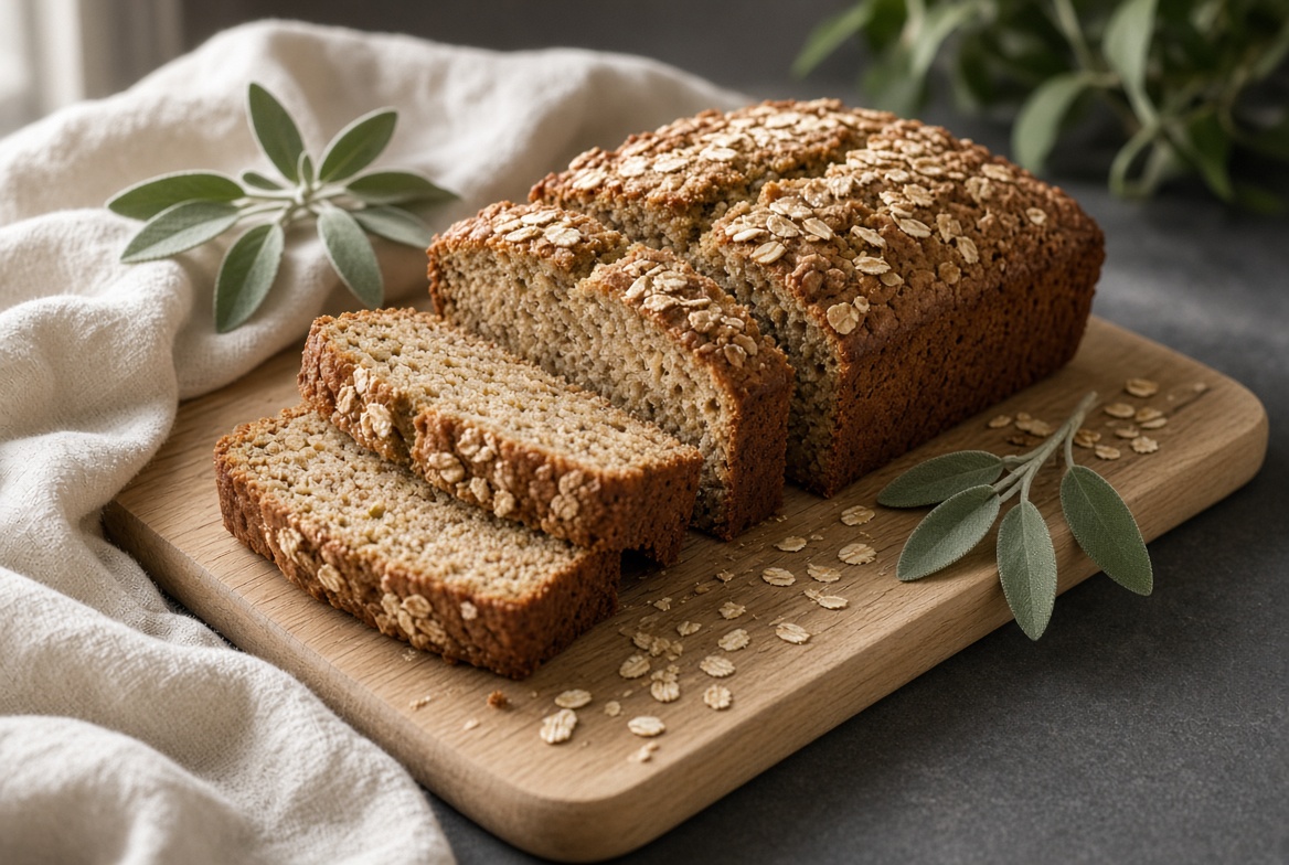 Sliced banana loaf topped with oats on a wooden board
